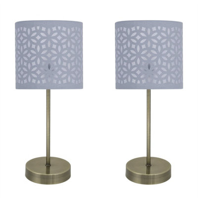First Choice Lighting Set Of 2 Antique Brass Stick Table Lamps With Grey Laser Cut Shades from B&Q