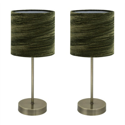 First Choice Lighting Set Of 2 Antique Brass Stick Table Lamps With Green Velvet Shades from B&Q