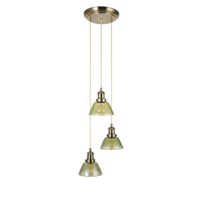 First Choice Lighting VintageGreen Glass With Antique Brass 3 Light Cluster Pendant from B&Q