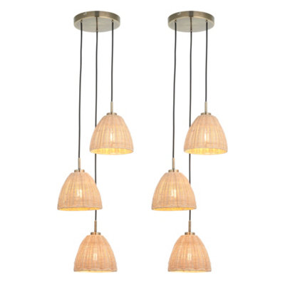 First Choice Lighting Set Of 2 CelieRattan And Antique Brass 3 Light Cluster Pendants from B&Q