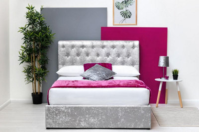 Thorpe Silver Crushed Velvet Gas Lift Ottoman Storage BedKing Size 5Ft