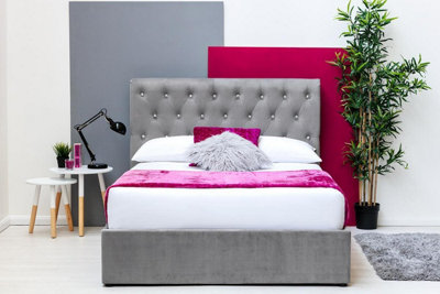 Thorpe Grey Velvet Gas Lift Ottoman Storage Bed FrameDouble 4Ft6