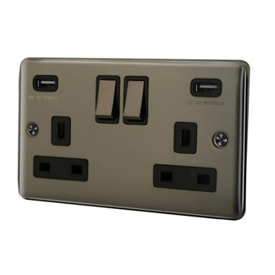 Asab 13A 2 Gang Switched Socket With Usb Outlet + Neon Single Pole - Nickel Black