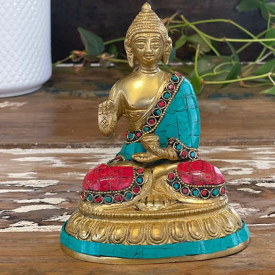Serenityy Brass Buddha FigureBlessing15CmTurquoise And RedSolid Brass Decorative Figurine. from B&Q
