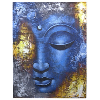 Serenityy Buddha Painting Blue Face AbstractHandmade Balinese Canvas With Natural Wooden FrameReady To Hang80 X 60 Cm from B&Q