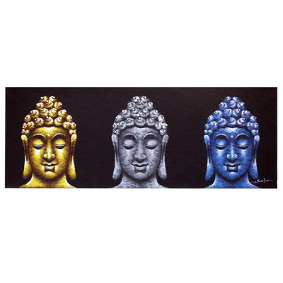 Serenityy Buddha Painting Three Heads BlackHandmade Balinese Canvas Art With Natural Wooden Frame120 X 45 Cm from B&Q