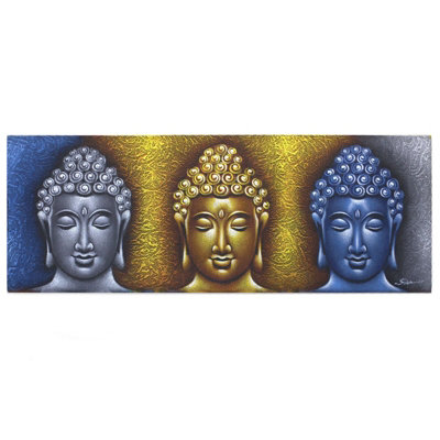 Serenityy Buddha Painting Three Heads With Gold DetailHandmade Balinese Canvas Art 45X120Cm from B&Q