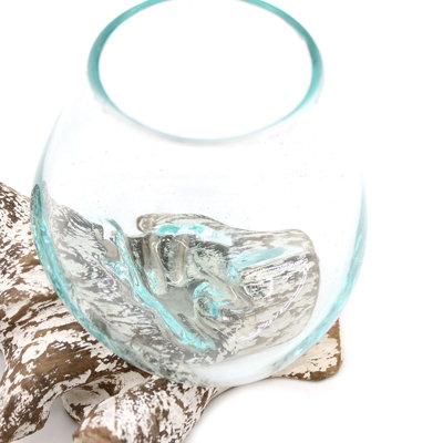 Small Molten Glass Bowl With Whitewash Wood Base Decorative Accent from B&Q