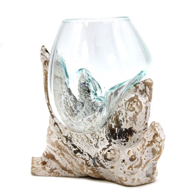Medium Molten Glass Bowl Whitewash Wooden Base Home Decoration from B&Q