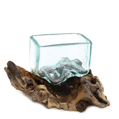 Small Molten Glass Tank Bowl With Wooden Stand Decorative Piece from B&Q