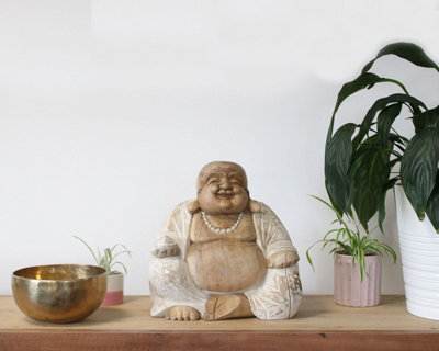 Serenityy Happy Buddha StatueWhitewash FinishHand-Carved Suar WoodApprox. 30Cm3.35Kg. from B&Q