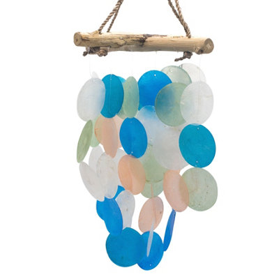 Serenityy Blue & Pearl Driftwood Cross ChimeHandmade Bali Capiz Shell Wind ChimeIndoor Outdoor Coastal Decor from B&Q