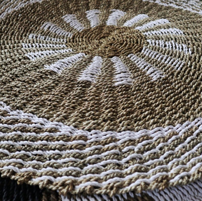Serenityy Aw Dropship Uk Round Seagrass Rug White & Tan Inner Sun 1M