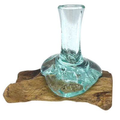 Small Molten Glass Flower Vase With Wooden Base Decorative Accent from B&Q