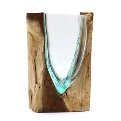Serenityy Molten Glass V-Shaped Art Vase On Natural Wood BaseClear And TurquoiseIndoor Décor from B&Q