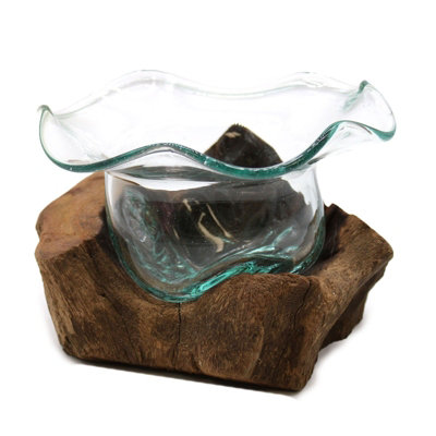 Fancy Molten Glass Sweet Bowl With Wooden Base Decorative Serving Piece from B&Q