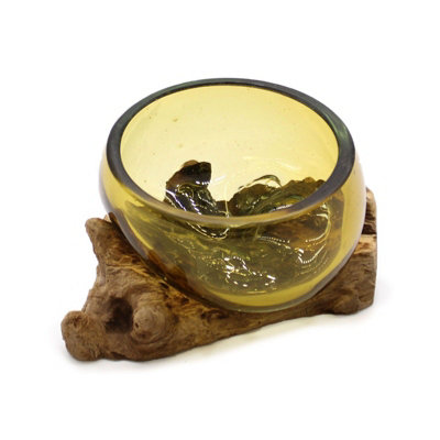 Mini Amber Molten Glass Bowl With Wooden Base Decorative Accent from B&Q