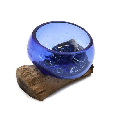 Mini Blue Molten Glass Bowl With Wooden Base Decorative Ornament from B&Q