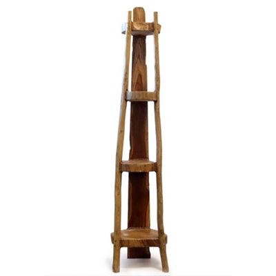  - Natural Teak Corner Unit 4 Shelves Wooden Corner Display Stand 135Cm