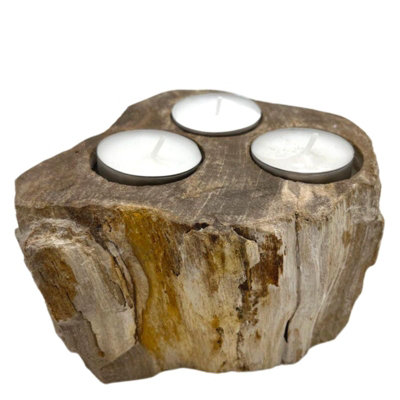 Serenityy Petrified Wood Triple Tealight Candle HolderHand-Carved Rustic Brown from B&Q