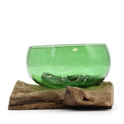  - Wide Recycled Glass Bowl With Wooden Base Decorative Accent