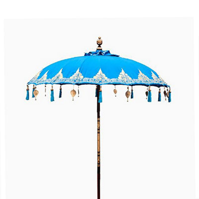Serenityy Bali Patio Parasol 2M Height1.5M Round Cotton CanopyTurquoise With Golden Accents from B&Q