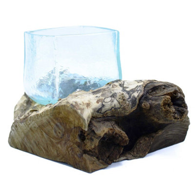 Crackled Molten Glass Tank With Wooden Base Decorative Home Feature from B&Q