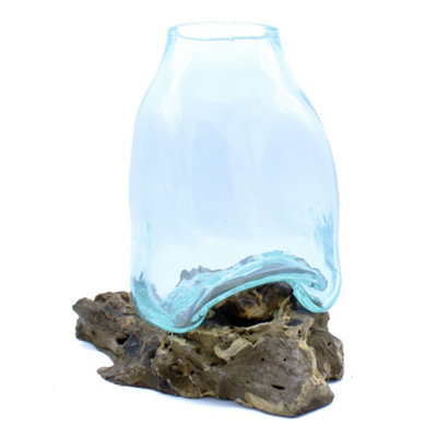 Serenityy Large Molten Glass VaseTerrarium Jar On WoodLight BlueHand-Blown Sculptural Centrepiece from B&Q