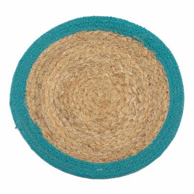 Serenityy Natural Place Mat Jute & Cotton 30Cm With Teal BorderBoho Table Linen from B&Q