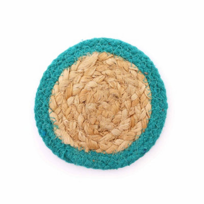 Serenityy Natural Coaster Jute & Cotton 10CmSet Of 4 Teal Border from B&Q