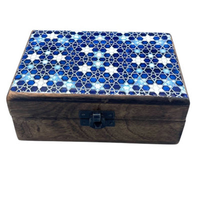 Serenityy Medium Ceramic Glazed Wooden Keepsake Box15 X 10 X 6 CmBlue Stars from B&Q