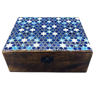 Serenityy Large Ceramic-Glazed Wooden Keepsake Box 20 X 15 X 7.5 CmBlue Stars from B&Q