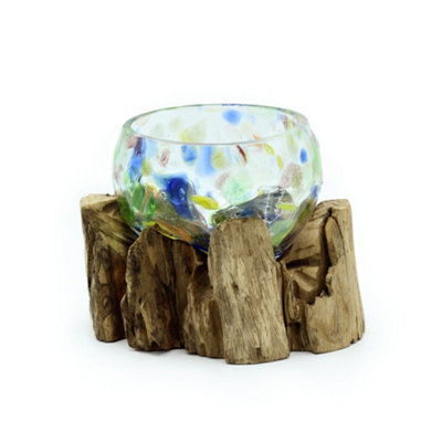 Small Coloured Molten Glass Bowl With Wooden Base Decorative Piece from B&Q
