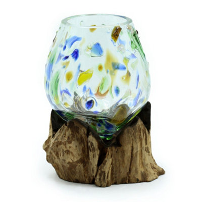 Coloured Glass Bowl On Wooden Base Handmade Decorative Ornament from B&Q