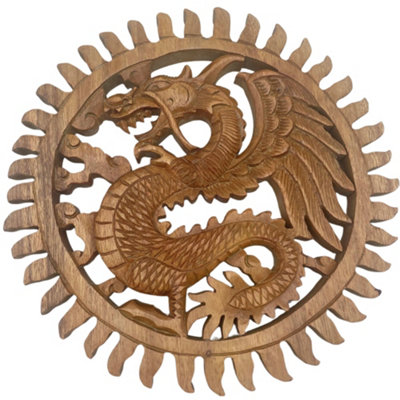 Serenityy Winged Sun Dragon Hand-Carved Suar Wood Plaque30Cm Diameter from B&Q