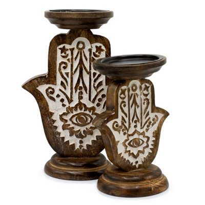 Serenityy Mango Wood Candle Stand With Carved HamsaLarge 25 X 18 CmNatural Wood Finish from B&Q