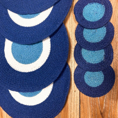 Serenityy Set Of 4  Jute Rope Placemats And 4 Matching CoastersBlue And White29 Cm Placemats 11 Cm CoastersPack Of 8