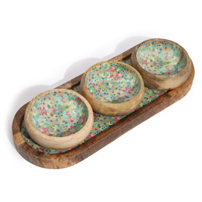Serenityy Mango Wood Tray With 3 BowlsMediterranean Tile PatternBoho Decorative Serving Set (Pack Of 4). from B&Q
