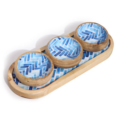 Serenityy Mango Wood Tray With 3 BowlsBlue StripesHandmade Coastal-Style Serving Set from B&Q