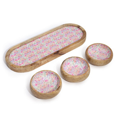 Serenityy Aw Dropship Uk Mango Wood Tray With 3 Bowls SetPretty Floral DesignNatural Wood And Pastel FinishRectangularPack Of 4 from B&Q