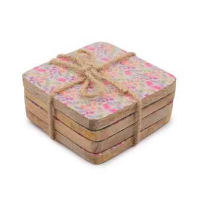 Serenityy Aw Dropship Uk Set Of 4 Square Coasters Pretty FloralPink And Green Pastel Wood-Edged Coasters (Pack Of 4) from B&Q
