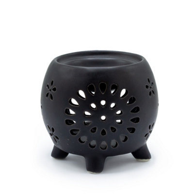 Serenityy Squat Pot Ceramic Oil Burner Flower Burst Matt BlackCompact Essential Oil And Wax Melt Burner from B&Q