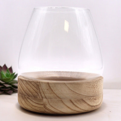 B&Q -  Large 17X19Cm Glass Terrarium With Natural Tung Wood BaseOpen-Top Display For Plants And Decor
