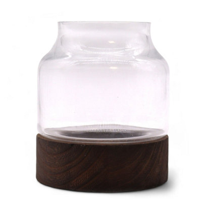 B&Q -  Small Shaped Glass Terrarium On Dark Tung Wood Base12 X 13 CmMini Tabletop Garden