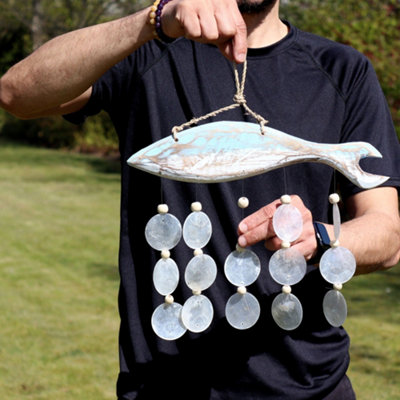 Serenityy Bluewash Hand-Carved Fish Driftwood Wind Chime With Natural Copis Drop132G from B&Q