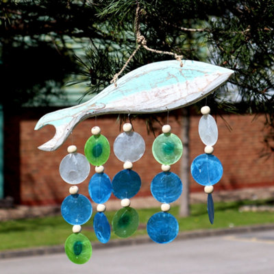 Serenityy Driftwood Wind Chime With Aqua Fish Carving And Copis DropBlue Green Clear132G from B&Q