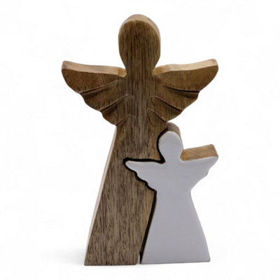 Serenityy Mango Wood Double Angel Figurine With White Enamel Inlay9 X 2 X 15 Cm. from B&Q