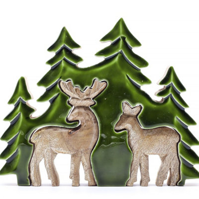 Serenityy Lost In The ForestTwo Deer In The Forest 3D Hand-Carved Mango Wood Decoration 18Cm X 23Cm from B&Q