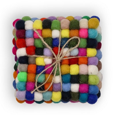 B&Q -  Felt Ball Square Coasters Multi Grey Colour Set Of 4