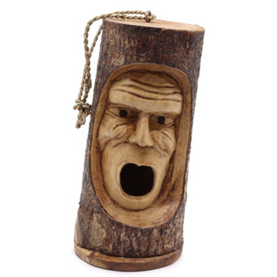 Serenityy Hand-Carved Tree Trunk Bird HouseGrumpy Old Man FaceHanging Rustic Nest Box For Garden BirdsSolid Wood from B&Q